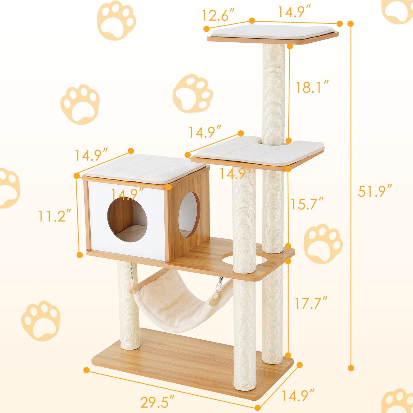 Arlopu 52" Wooden Cat Tree Tower, Cat Condo Climbing Tower with Hammock & Scratching Post