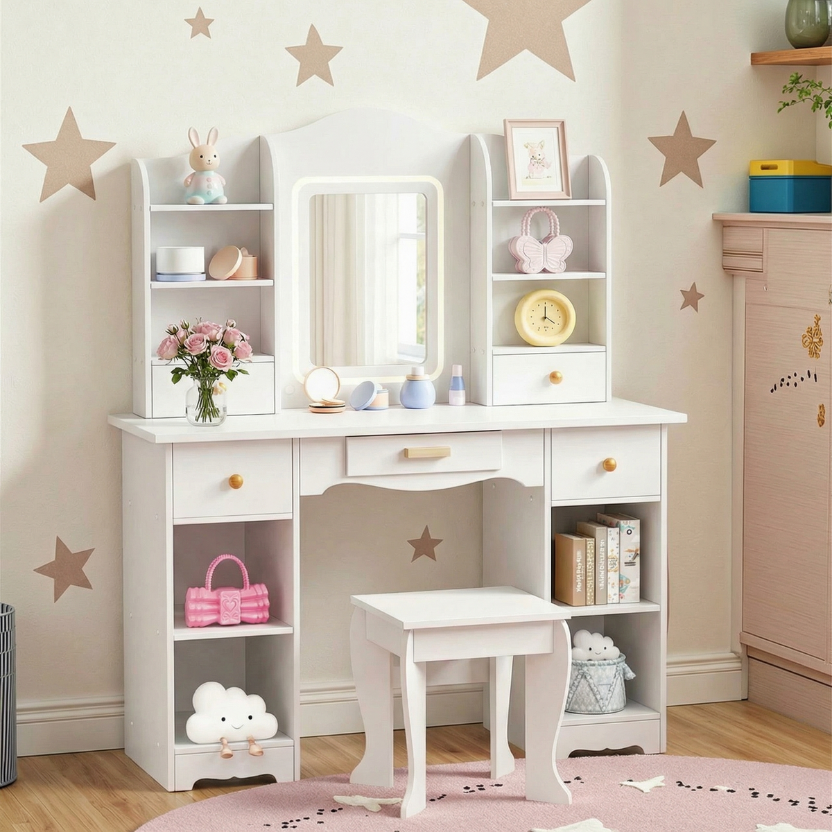 Arlopu Kids Vanity Set w/ 3-Color Light, Princess Makeup Dressing Table & Stool Set, 2 in 1 Girls Pretend Play Makeup Dressing Table w/ Open Shelves, Storage Cabinet, Drawer