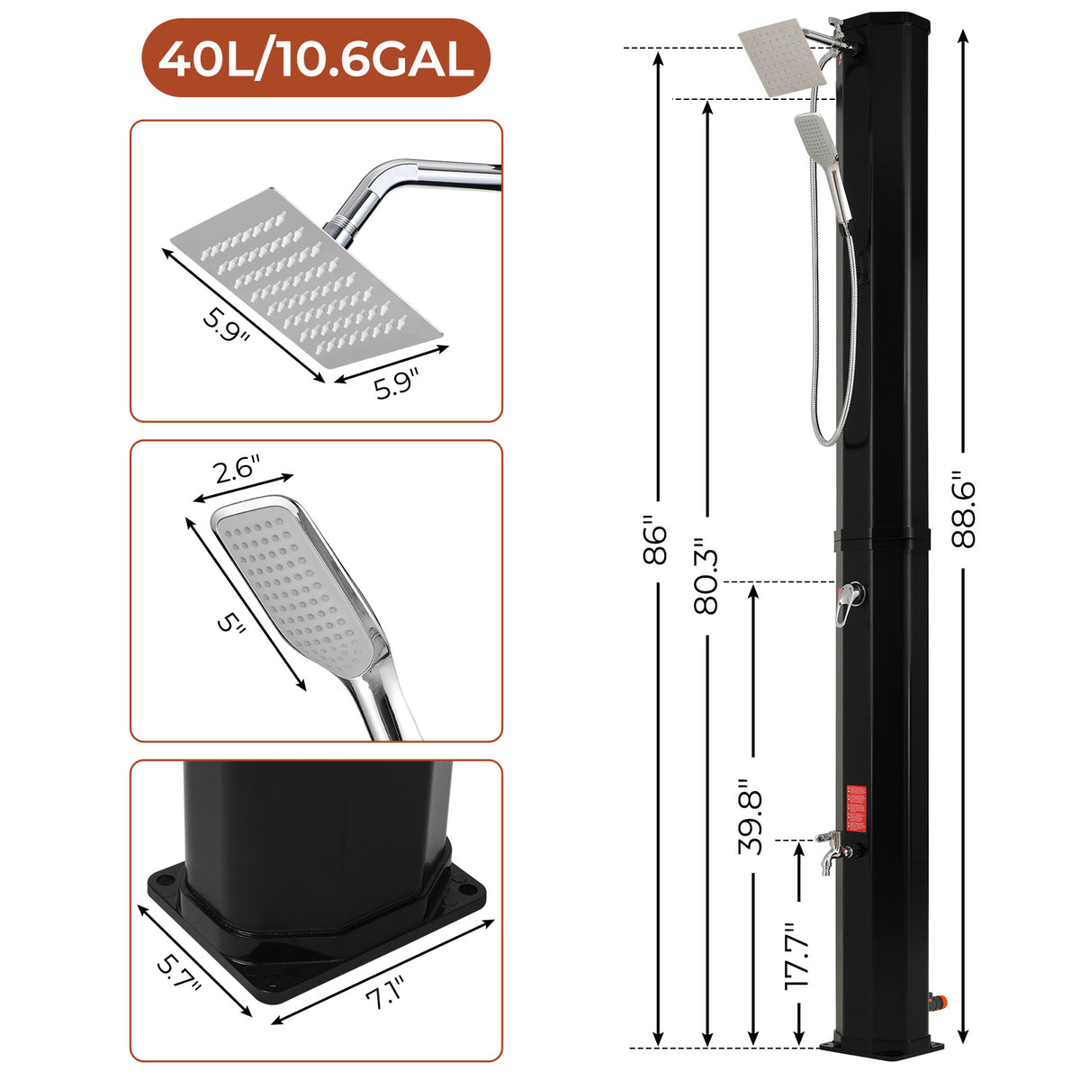 Arlopu 9.3 Gallon Solar Heated Shower w/ 360 Rotating Rainfall, Handheld Head, Temperature Adjustment & Foot Faucet, 7.1FT Outdoor PVC Freestanding Shower for Backyard Beach