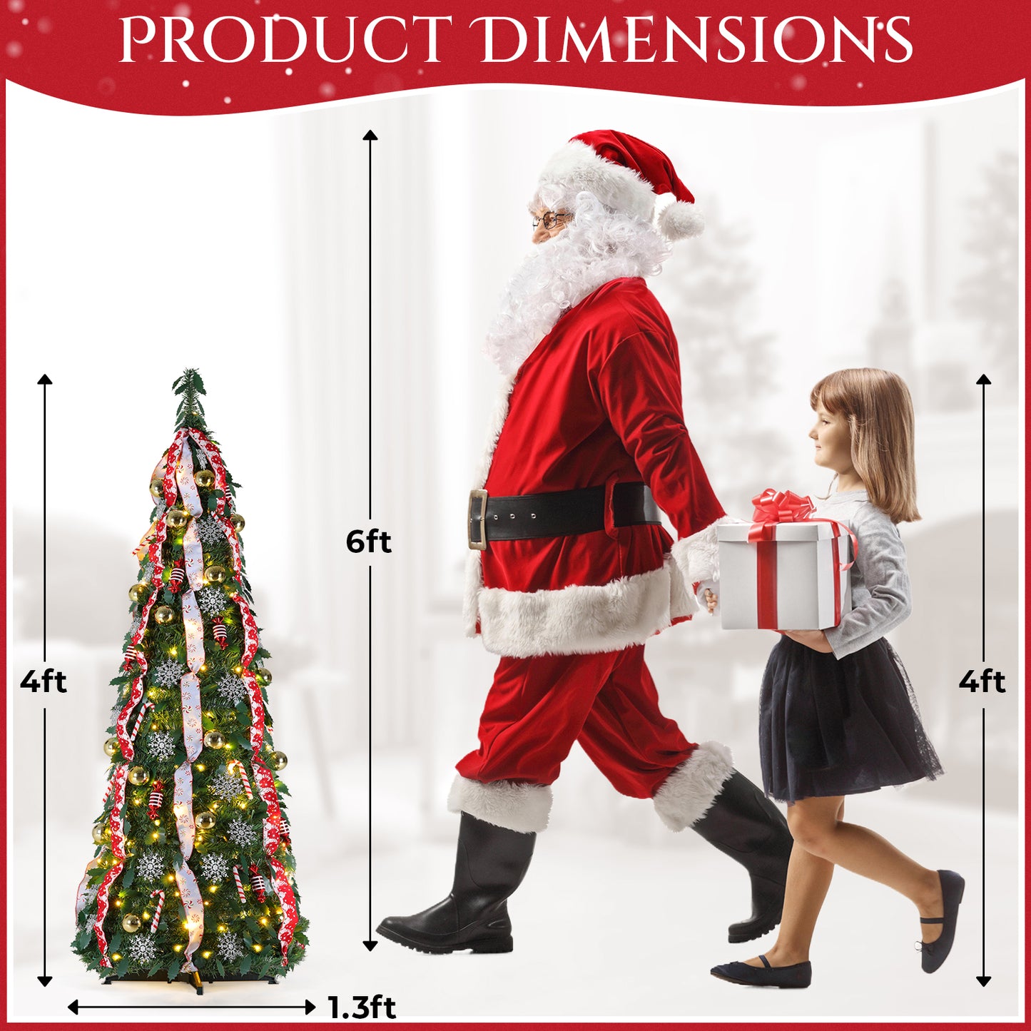 Arlopu 4FT Artificial Christmas Tree, Pre Lit Decorated w/ 100 Warm White & Colored Lights, Glitter Balls, Candy Balls, Snowflakes, Ribbon, Candy Canes