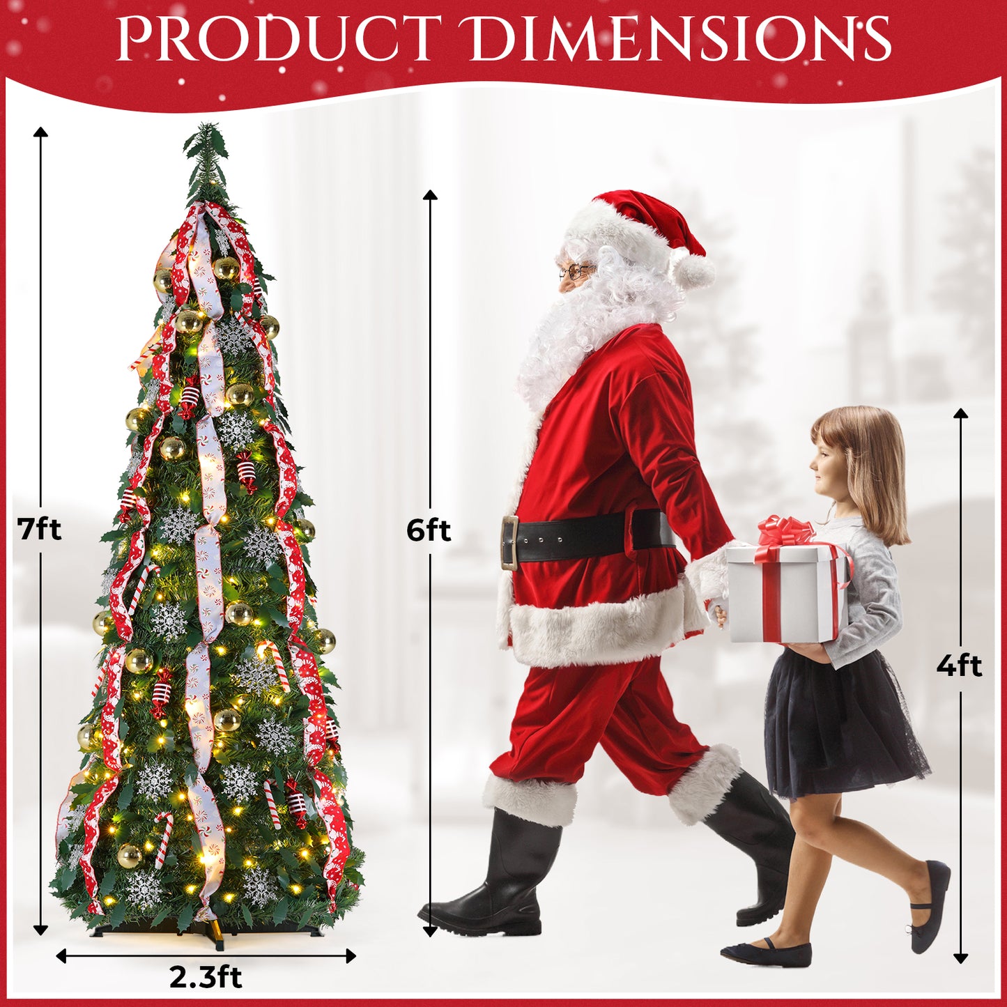 Arlopu 4FT Artificial Christmas Tree, Pre Lit Decorated w/ 100 Warm White & Colored Lights, Glitter Balls, Candy Balls, Snowflakes, Ribbon, Candy Canes