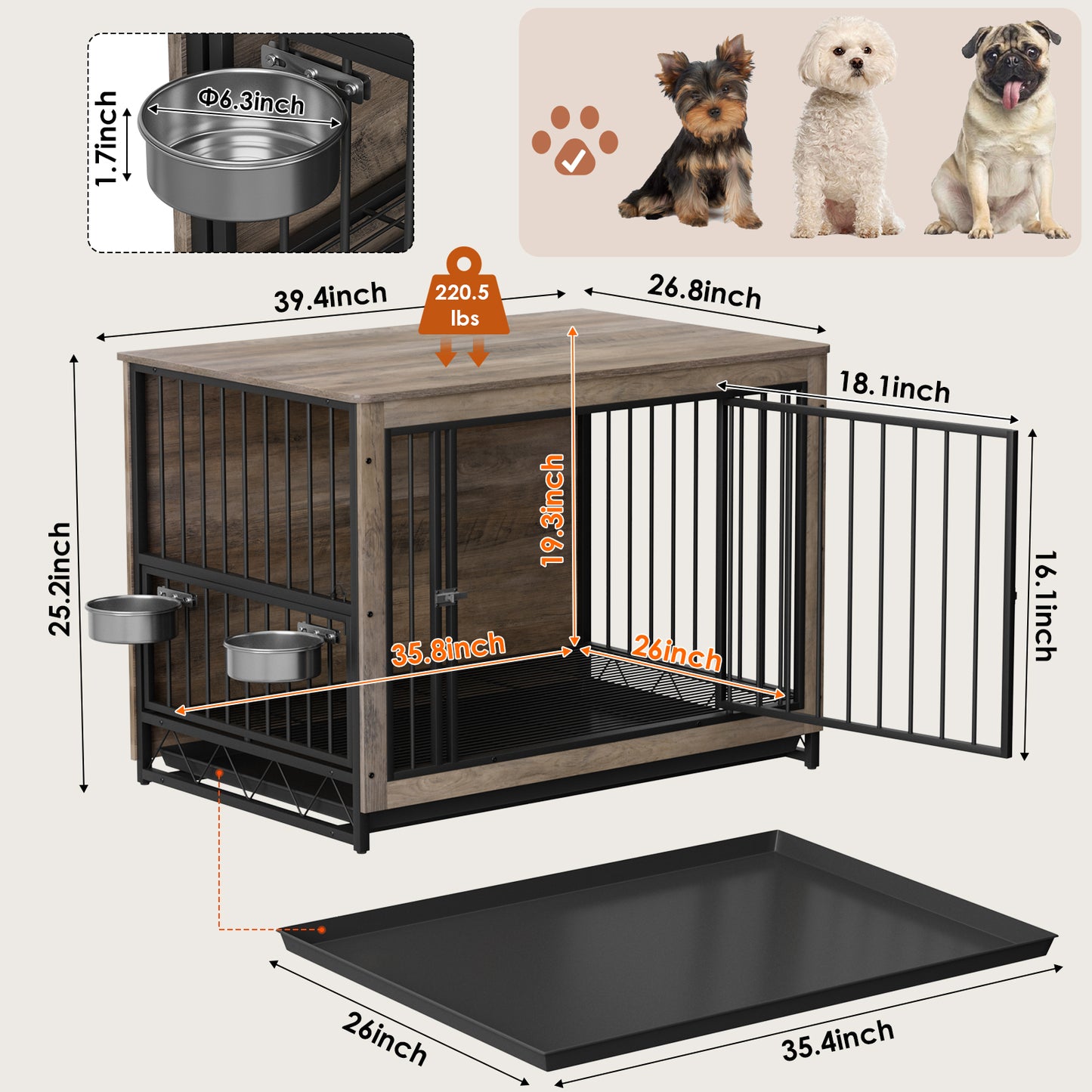 Arlopu Furniture Style Dog Crate with 2 Stainless Steel Bowls Wooden End Table Dog Cage Indoor Dog Kennel with Pull-Out Tray for Small Medium Dogs Under 70 lbs