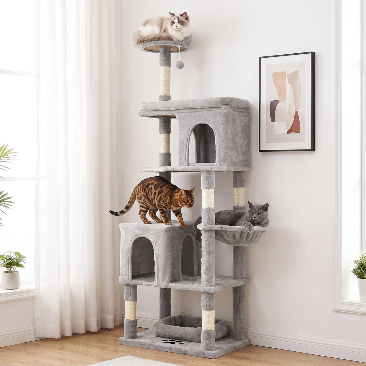 Arlopu Cat Tree for Large Cats 57.5" Cat Tower Condo with Scratching Post for Indoor Cats, Light Gray