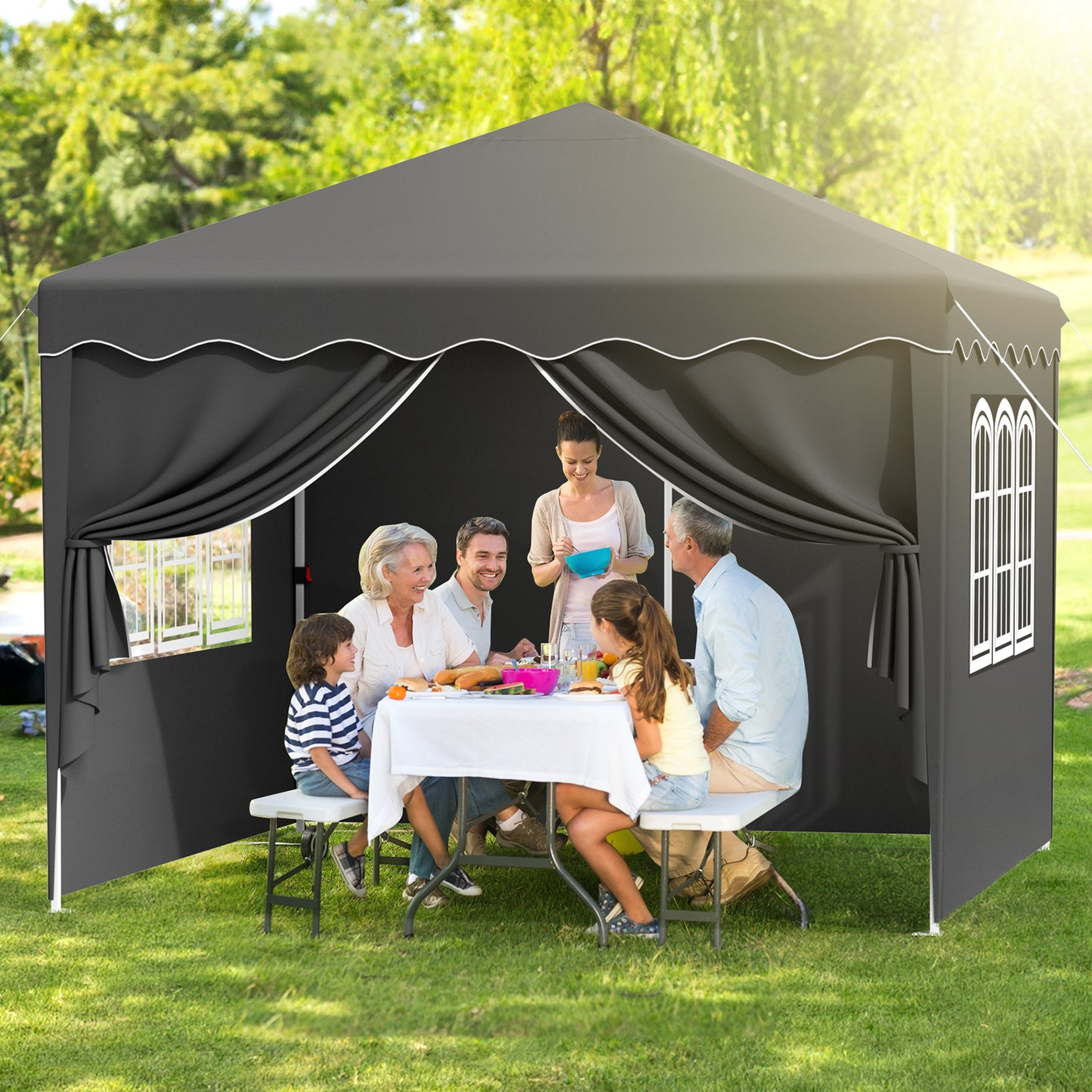 Arlopu 10'x10' Pop Up Canopy Tent with Sidewalls, Outdoor Instant Canopy Shelter Tent Gazebo with Carry Bag, Stakes, Ropes & Sandbags