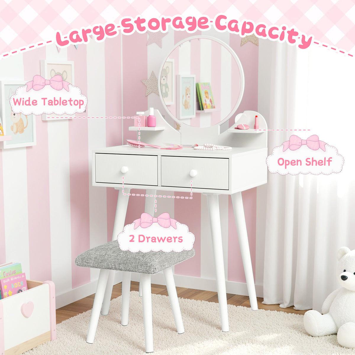 Arlopu Kids Vanity Table & Stool Set, 2-in-1 Princess Vanity Set with Mirror, Wooden Toddler Pretend Play Dressing Table with Detachable Top, Ideal Gift for Girls