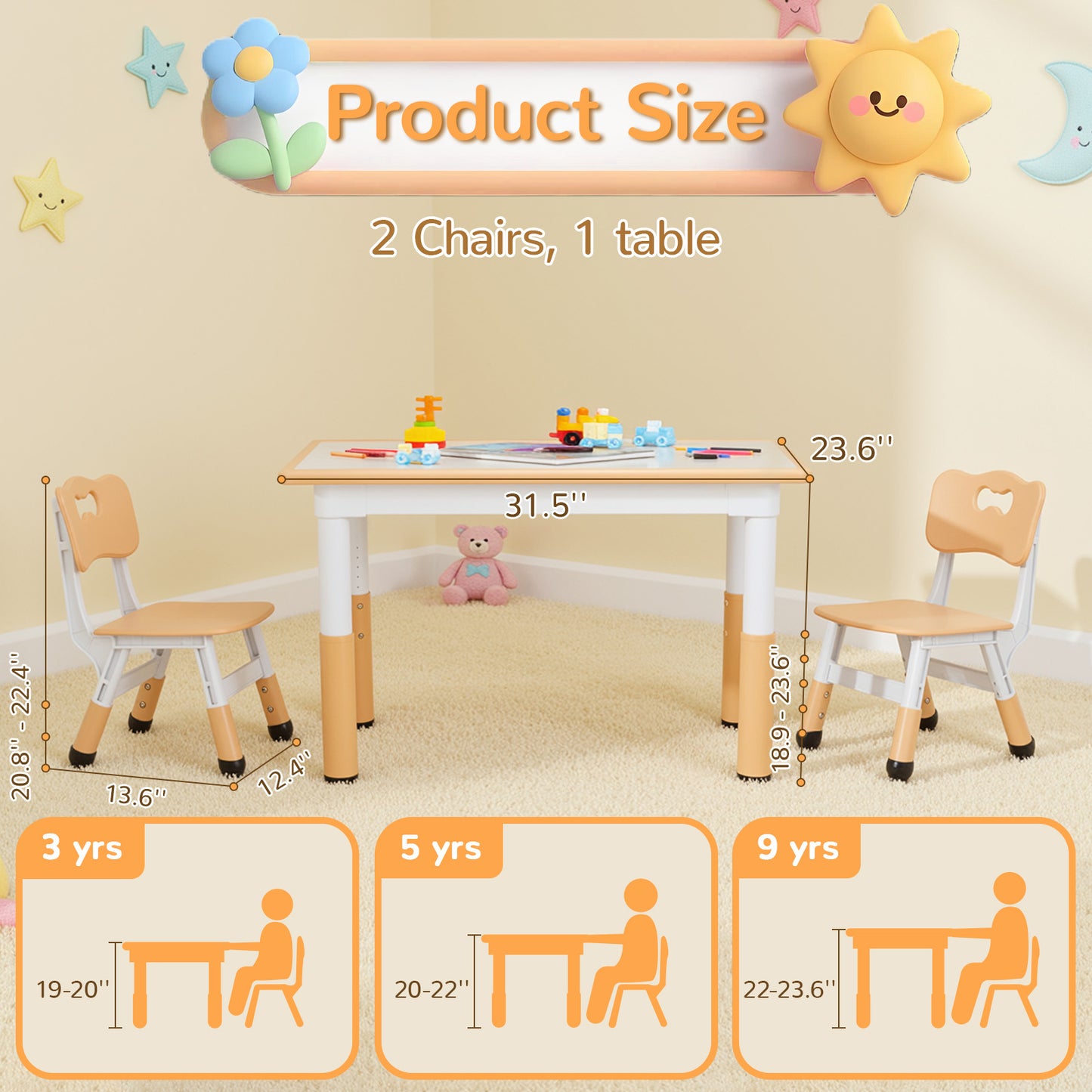 Arlopu Kids Table and 2 Chairs Set, Height-Adjustable Toddler Table and Chairs Set with Graffiti Desktop, 31.5"L x 23.6"W Children Activity Table for Daycare/Classroom/Home