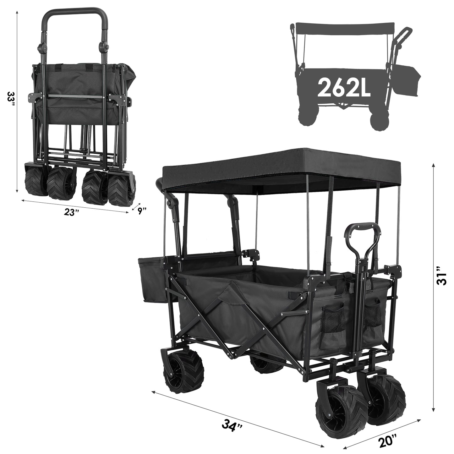 Arlopu Collapsible Wagon Cart Outdoor Folding Utility Garden Cart with All-Terrain Wheels and Removable Canopy