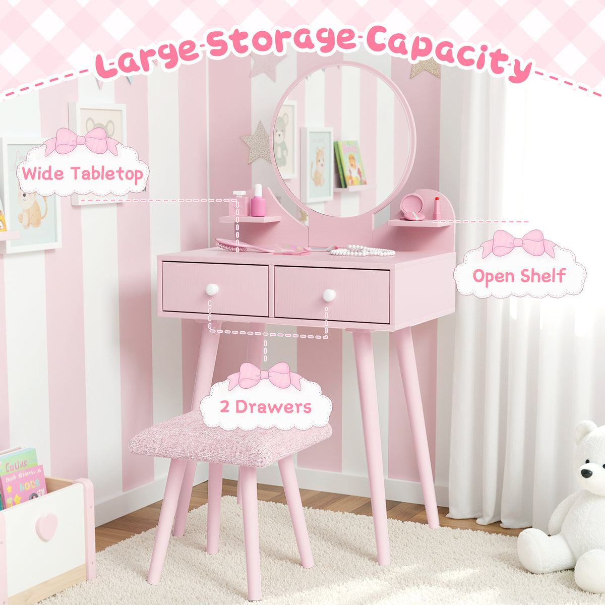 Arlopu Kids Vanity Table & Stool Set, 2-in-1 Princess Vanity Set with Mirror, Wooden Toddler Pretend Play Dressing Table with Detachable Top, Ideal Gift for Girls