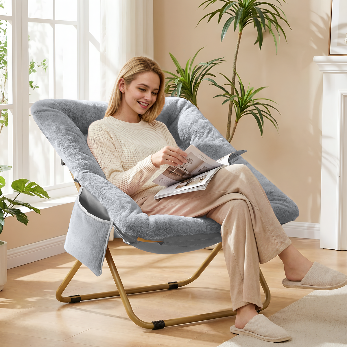 Arlopu Folding Saucer Chair, Soft Faux Fur Lounge Chair with Side Pocket for Bedroom Reading Room Dorm, Pink