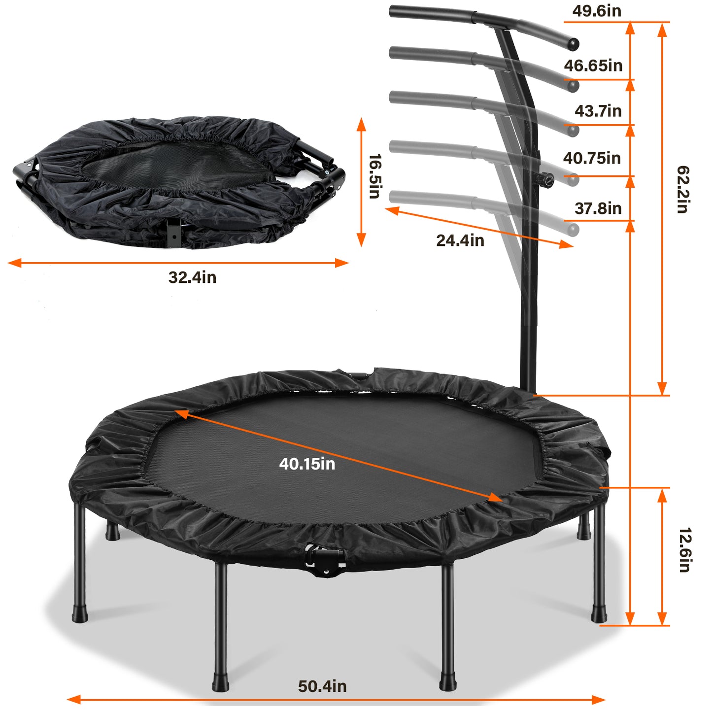 Arlopu 50" Foldable Rebounder for Adults Mini Trampoline Indoor Exercise Fitness Trampoline