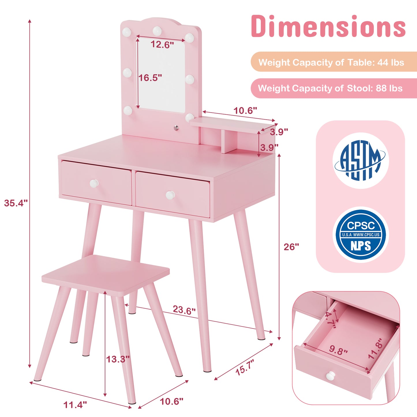 Arlopu Kids Vanity Table and Chair Set, Wooden Makeup Playset with Mirror & Lights, Ideal Princess Gift for Girls