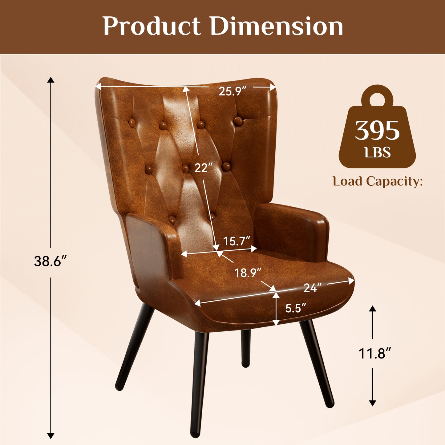 Arlopu 2pcs Accent Chairs, PU Leather Comfy Upholstered Armchair, High Backrest Living Room Chair, Wingback Chair Mid Century Modern for Living Room/Vanity/Bedroom, Brown