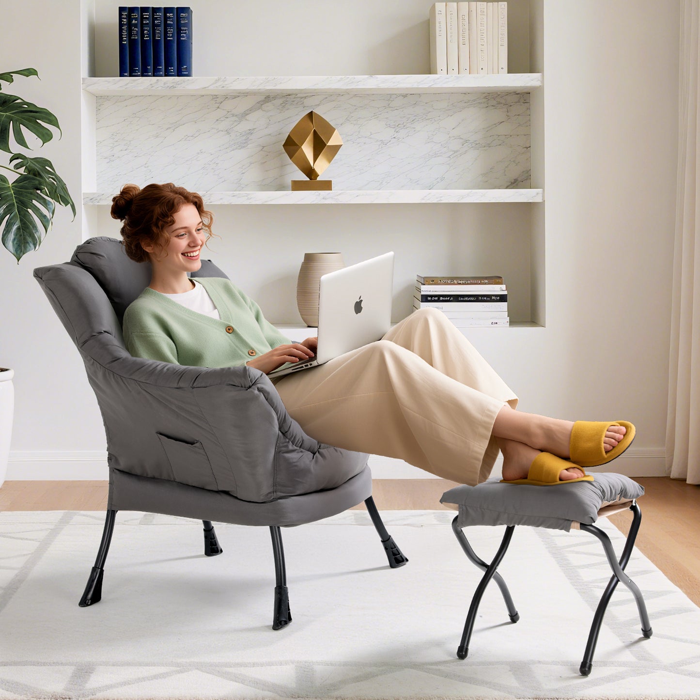 Arlopu Lazy Chair with Ottoman, Comfy Lounge Chair, Oversized Reading Armchair with Folding Footrest & Side Pocket for Living Room, Bedroom, Office