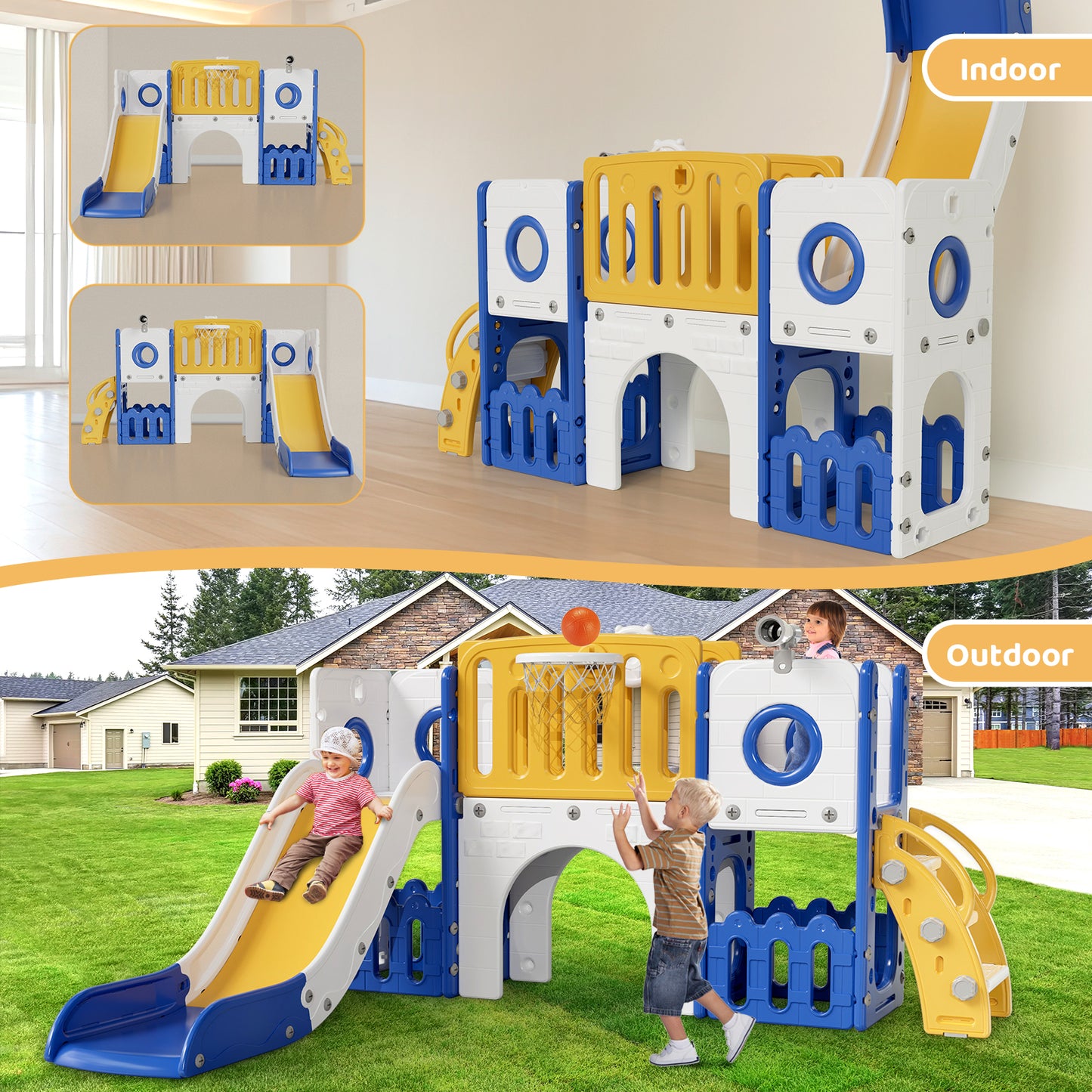 Arlopu 9-in-1 Kids Slide Set, Toddler Climber Slide Playset with Slide, Climber Pedals, Telescope, Basketball Hoop and Balls, Indoor Outdoor Freestanding Slides