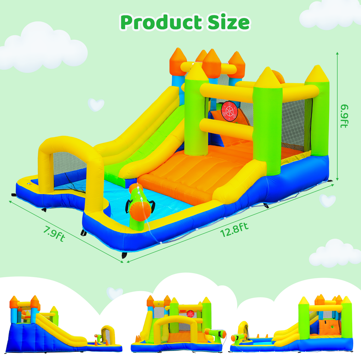 Arlopu Inflatable Bounce Houses for Kids with Splash Pool & Water Blaster & Basketball & Climbing Wall & Dual Pools & Soccer Goal & Air Blower