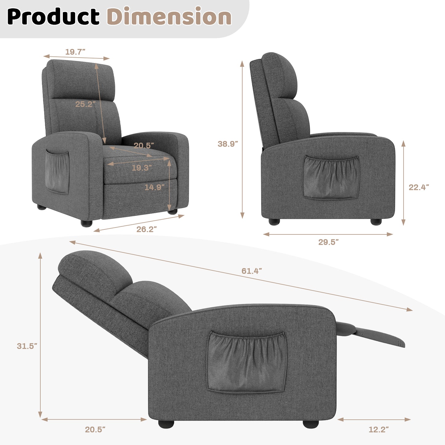 Arlopu Fabric Recliner Chair, Single Reclining Chair Home Theater Seating with Side Pocket, Adjustable Backrest and Footrest, Ergonomic Lounge Chair for Living Room