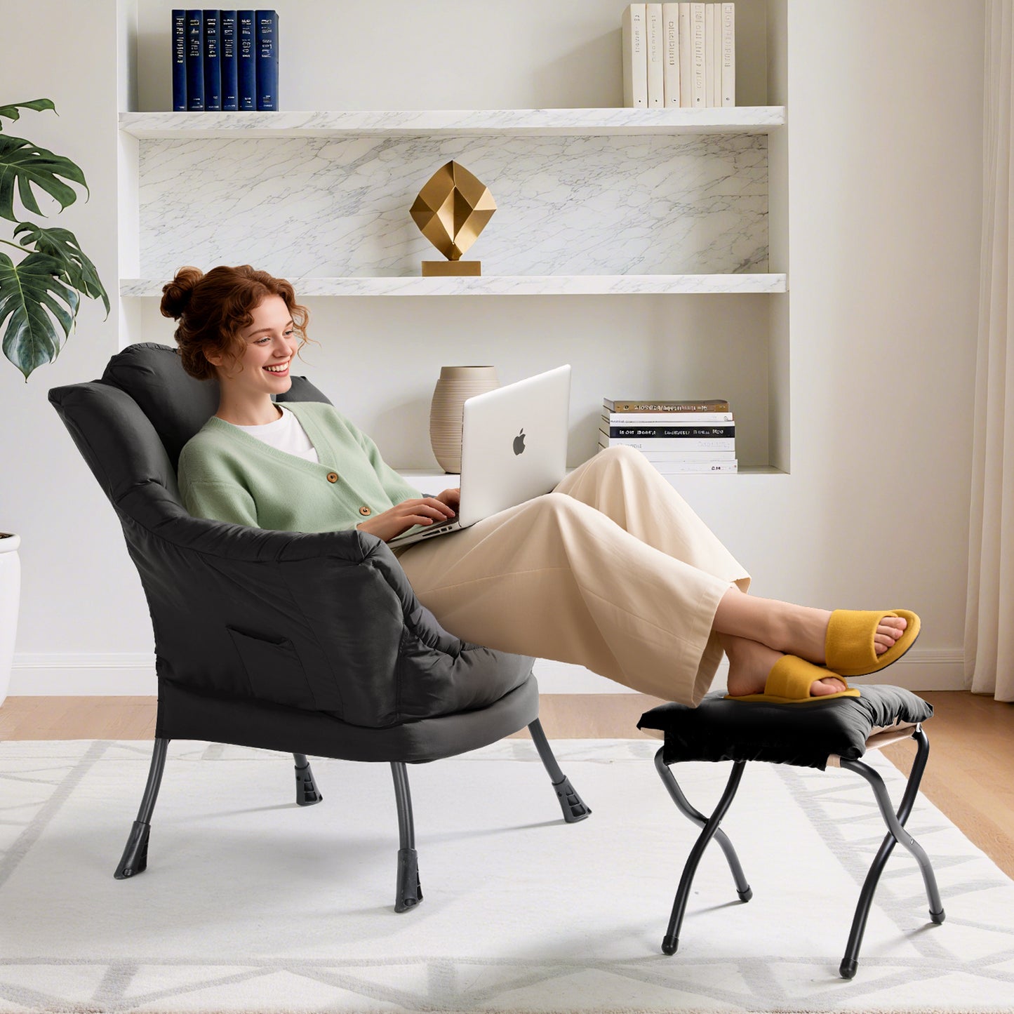 Arlopu Lazy Chair with Ottoman, Comfy Lounge Chair, Oversized Reading Armchair with Folding Footrest & Side Pocket for Living Room, Bedroom, Office