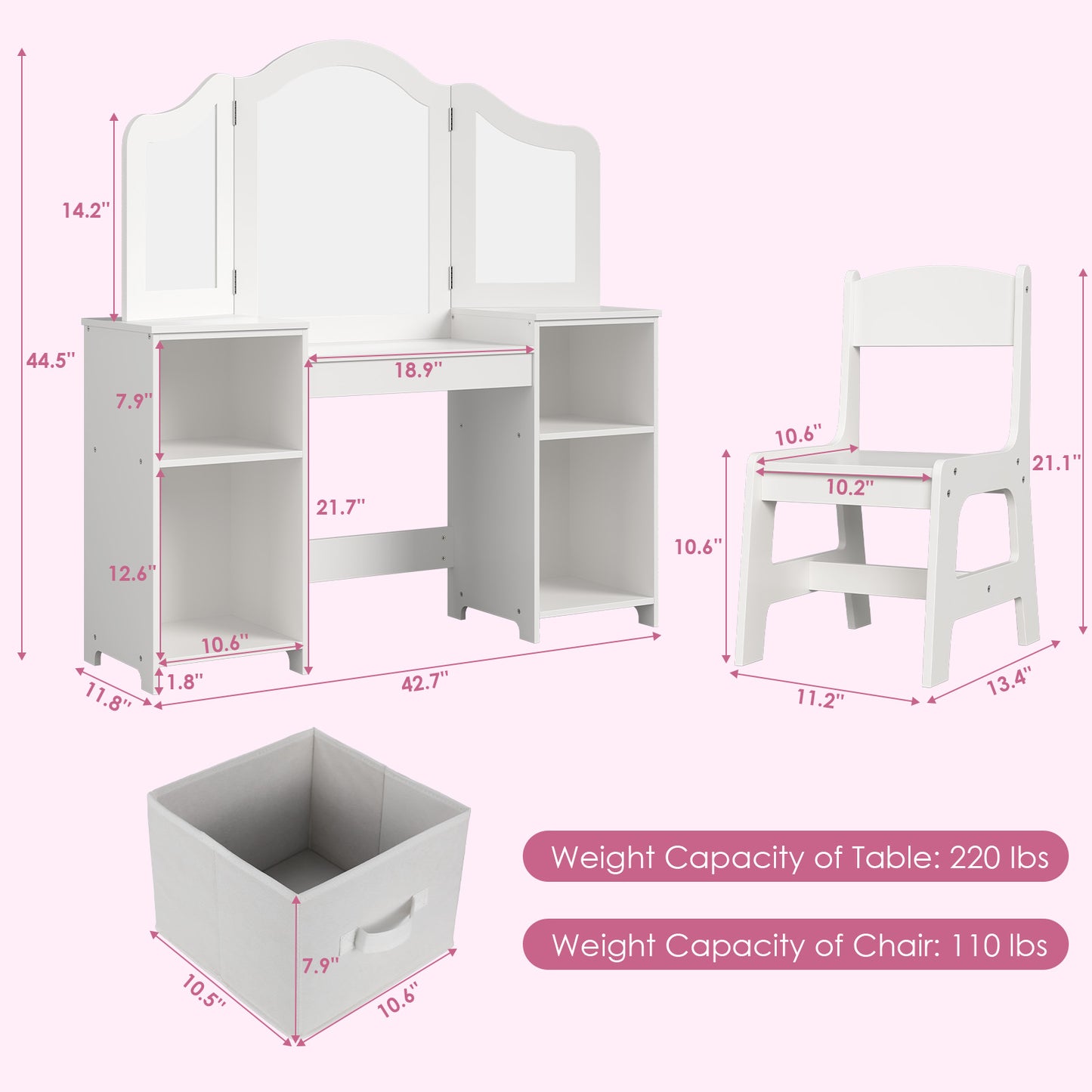 Arlopu Girls' Vanity Table and Chair Set Princess Makeup Dressing Play Table Set with Tri-Folding Mirror, Stool and Large Storage Shelves