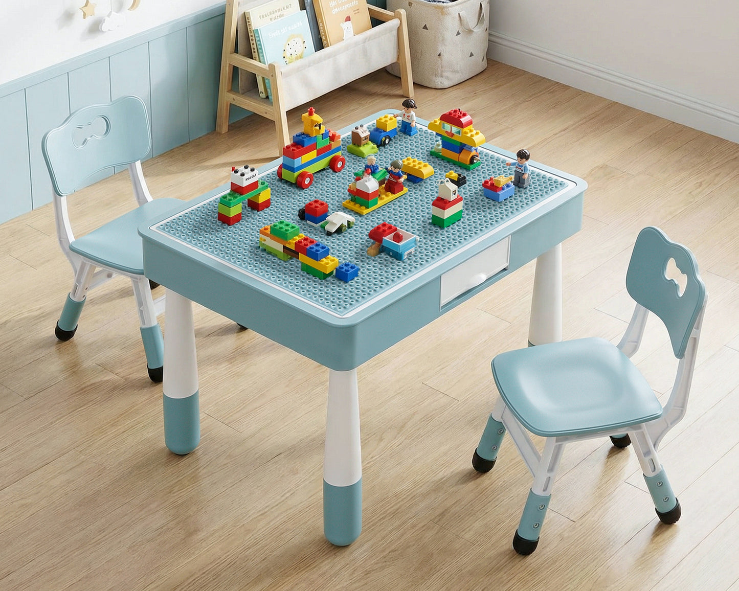Arlopu 4 in 1 Kids Table and 2 Chairs Set with 2 Drawers, Toddler Table and Chair Set for Ages 3-10, Graffiti & Building Blocks Double-Sided Tabletop, Height Adjustable