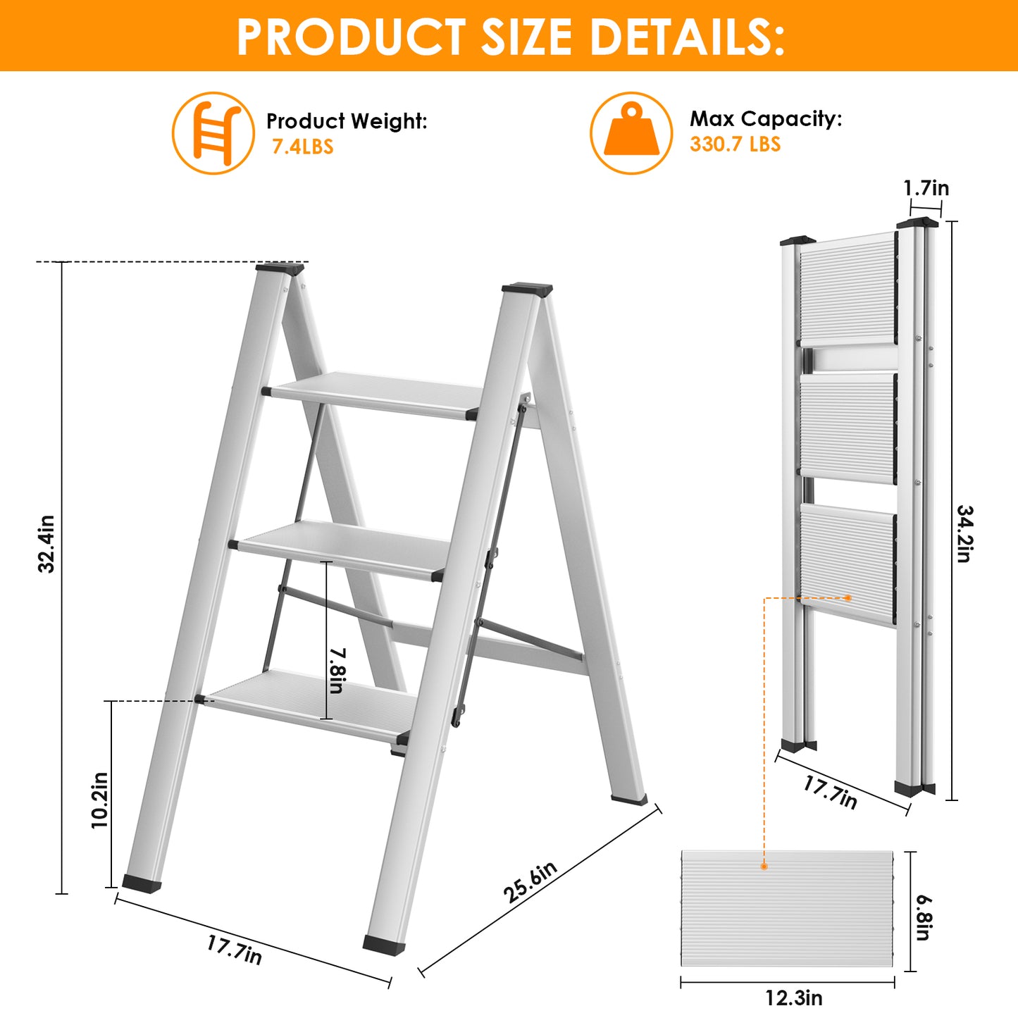 Arlopu 3 Step Ladder, Folding Step Stool with Wide Anti-Slip Pedals, Aluminum Portable Lightweight Ladder for Home, Kitchen, Office, Sturdy Temporary Storage Shelf Rack, Max Capacity 330lbs, Silver