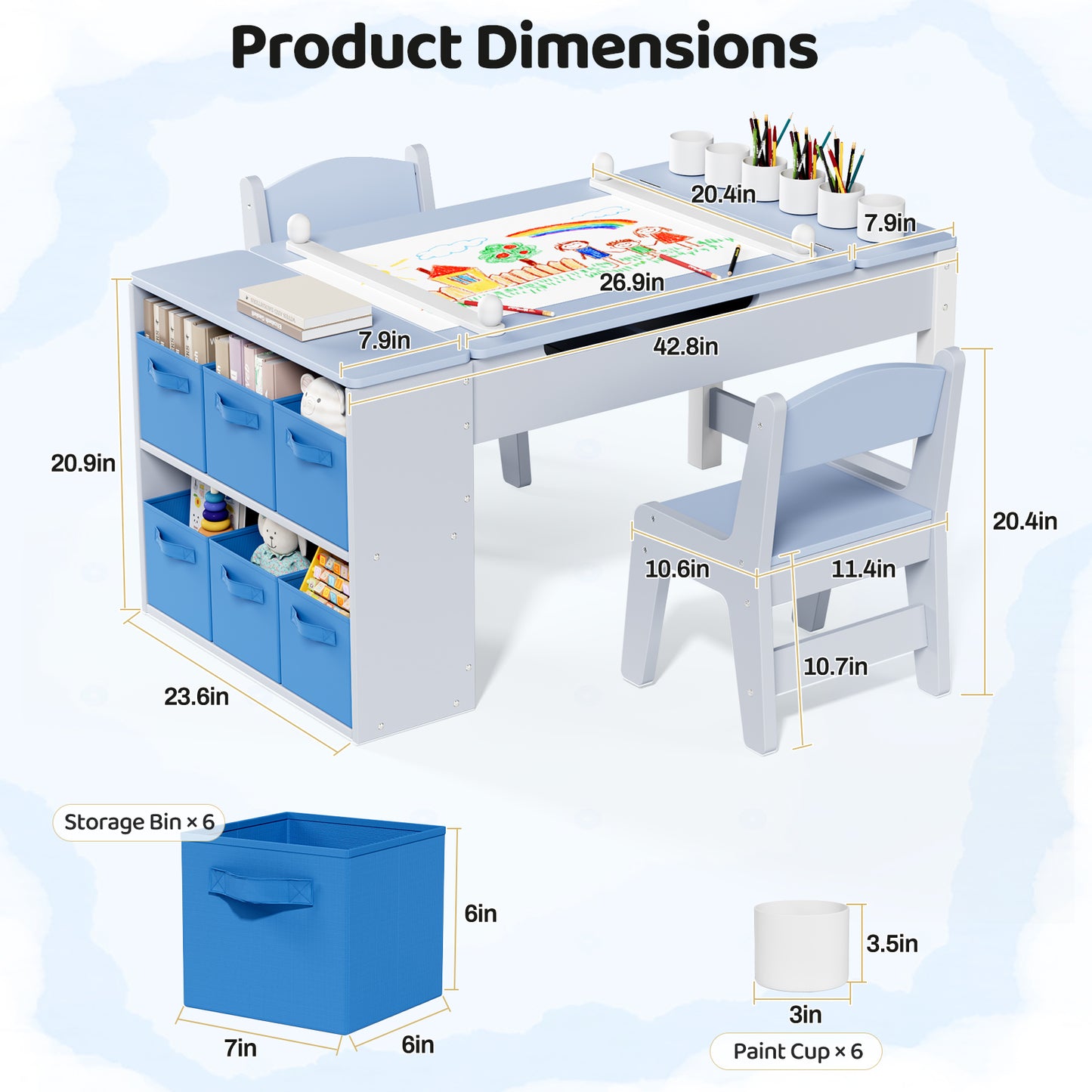 Arlopu 3 in 1 Activity Craft Table Set Kids Wooden Drawing Table Set with Art Easel Adjustable Tilt, 6 Storage Bins, 6 Paint Cup