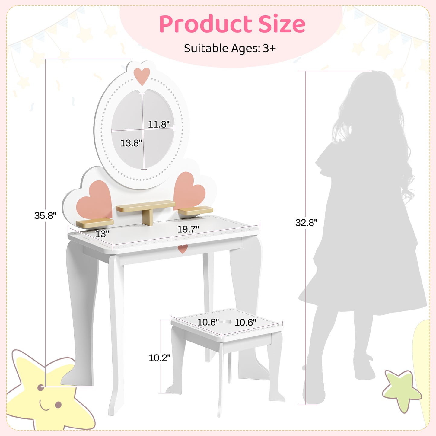 Arlopu 2-in-1 Kids Vanity Table and Chair Set with Mirror, Toddler Vanity Table Set with 8pcs Pretend Play Accessories, Convertible Makeup Desk Toy for Little Girls 3+