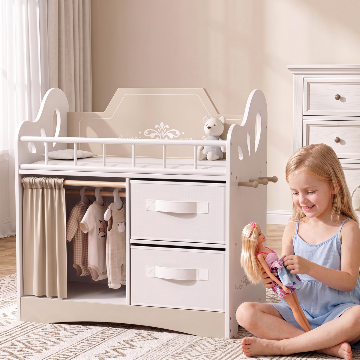 Arlopu Baby Doll Bed, 3-in-1 Wooden Dolls Crib Set with Accessories, Wardrobe