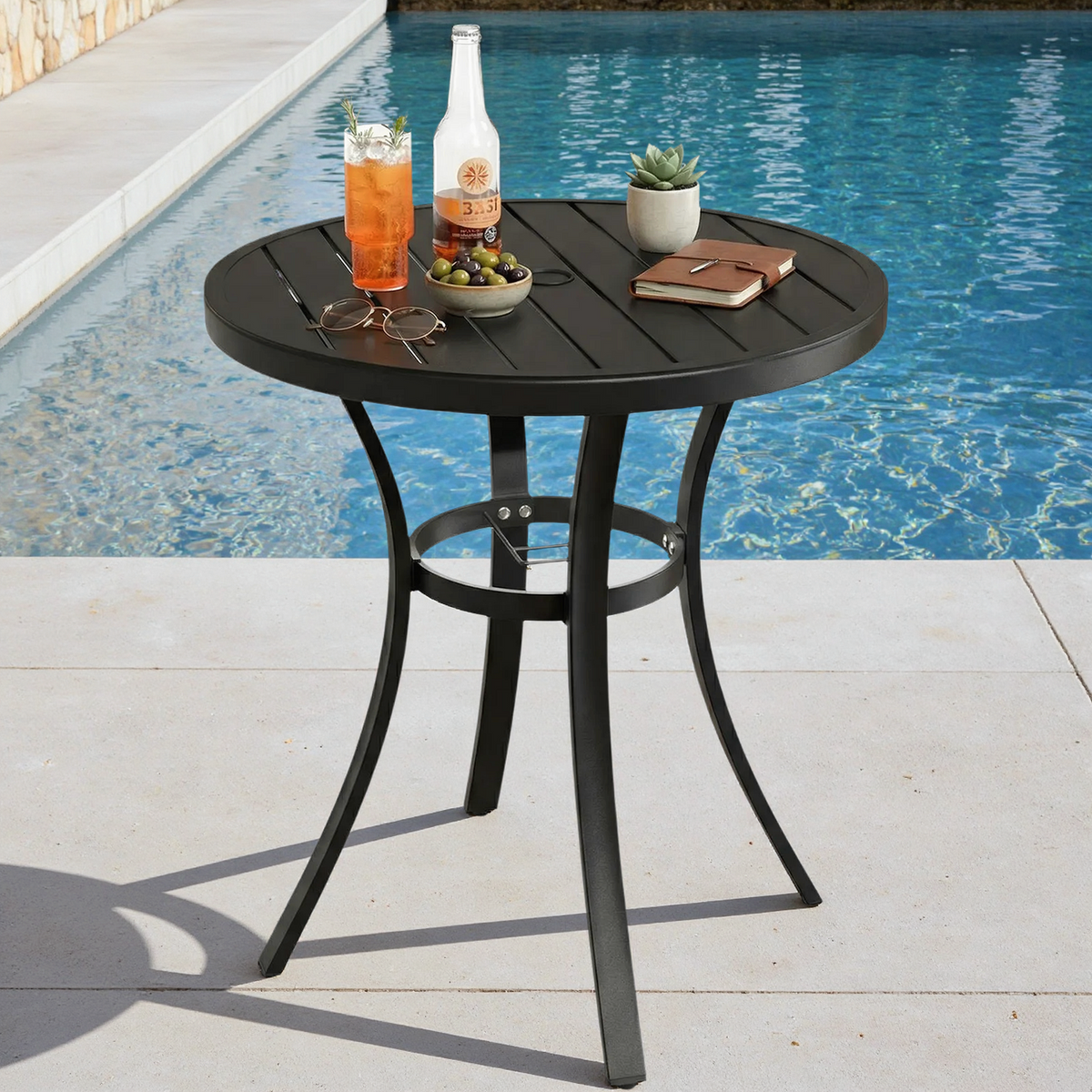 Arlopu 47.2" Outdoor Patio Round Dining Table, Patio Table with Umbrella Hole & Metal Steel Frame for Backyard Lawn Deck, Black