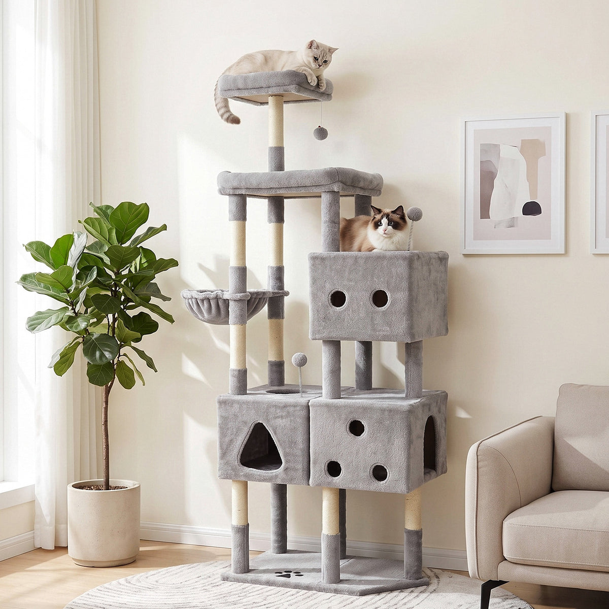 Arlopu Cat Tree for Large Cats 57.5" Cat Tower Condo with Scratching Post for Indoor Cats, Light Gray