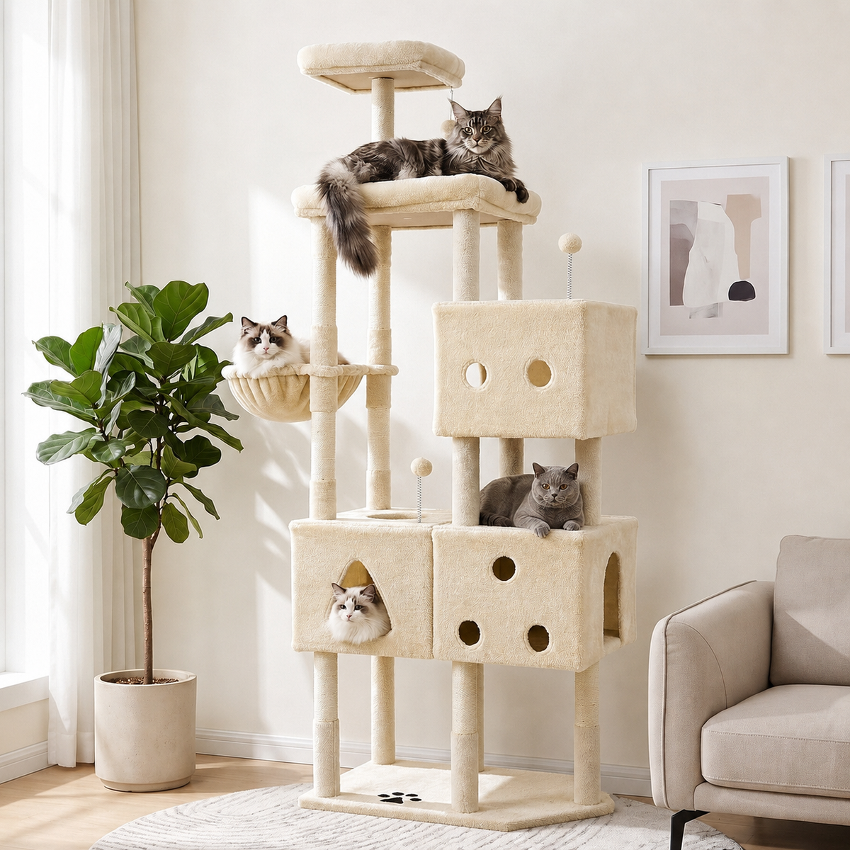 Arlopu Cat Tree for Large Cats 57.5" Cat Tower Condo with Scratching Post for Indoor Cats, Light Gray