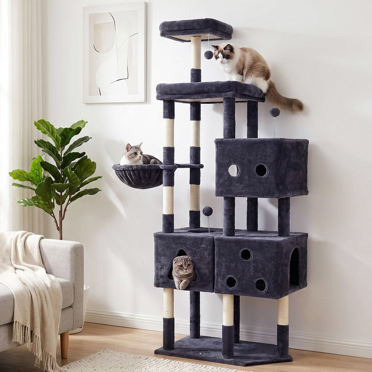Arlopu Cat Tree for Large Cats 57.5" Cat Tower Condo with Scratching Post for Indoor Cats, Light Gray