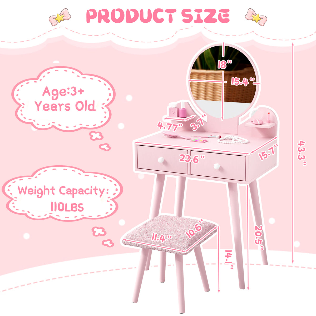 Arlopu Kids Vanity Table & Stool Set, 2-in-1 Princess Vanity Set with Mirror, Wooden Toddler Pretend Play Dressing Table with Detachable Top, Ideal Gift for Girls