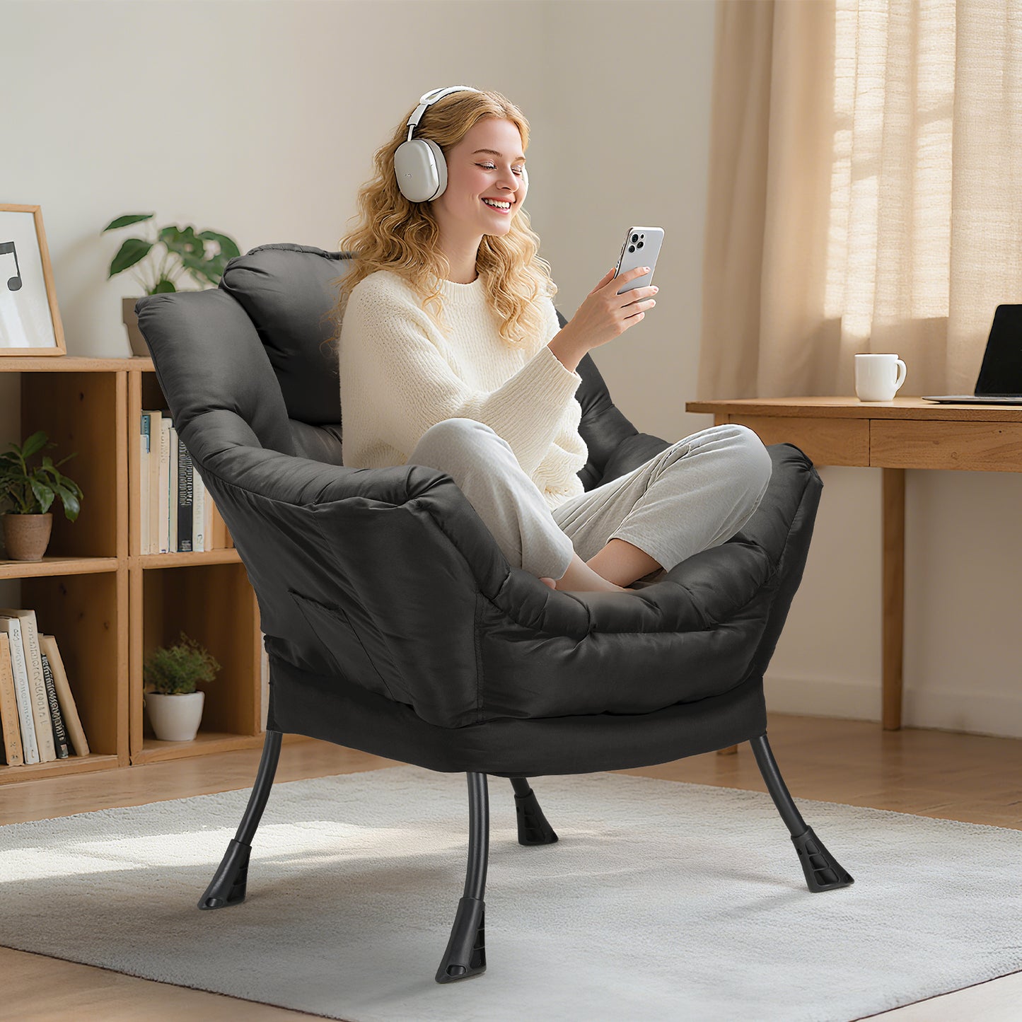 Arlopu Lazy Chair, Modern Lounge Reading Chair with Side Pocket, Upholstered Armchair for Living Room, Bedroom and Dorm