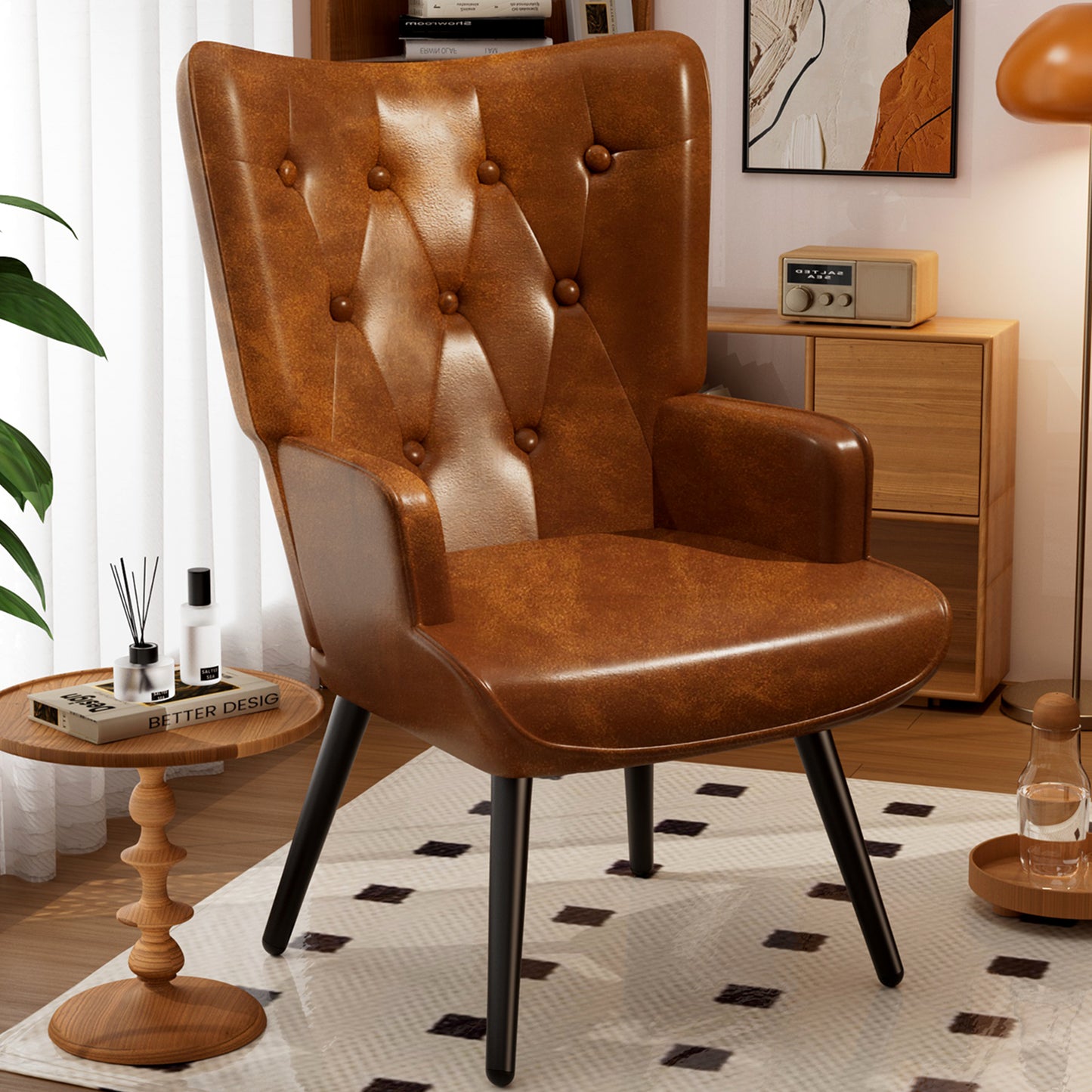 Arlopu 2pcs Accent Chairs, PU Leather Comfy Upholstered Armchair, High Backrest Living Room Chair, Wingback Chair Mid Century Modern for Living Room/Vanity/Bedroom, Brown