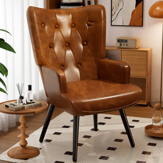 Arlopu 2pcs Accent Chairs, PU Leather Comfy Upholstered Armchair, High Backrest Living Room Chair, Wingback Chair Mid Century Modern for Living Room/Vanity/Bedroom, Brown