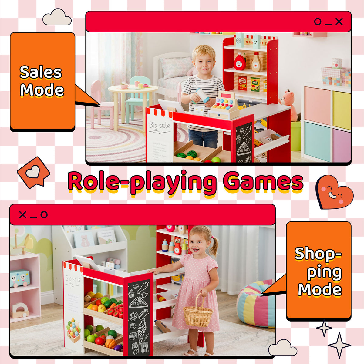 Arlopu Kids Pretend Play Grocery Store Wooden Supermarket Set with Chalkboard, Cash Register, Display Shelves & Play Food Accessories, Gift for Toddlers 3+