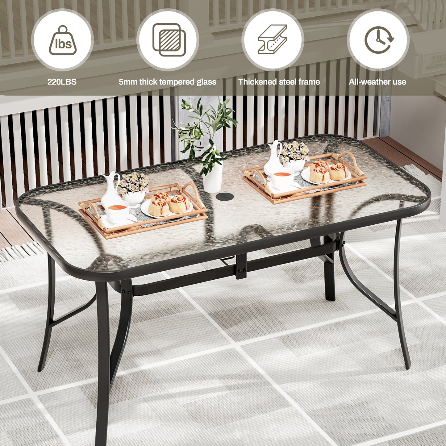 Arlopu Patio Rectangular Tempered Glass Dining Table, All-Weather Use, Outdoor Table for Garden & Backyard