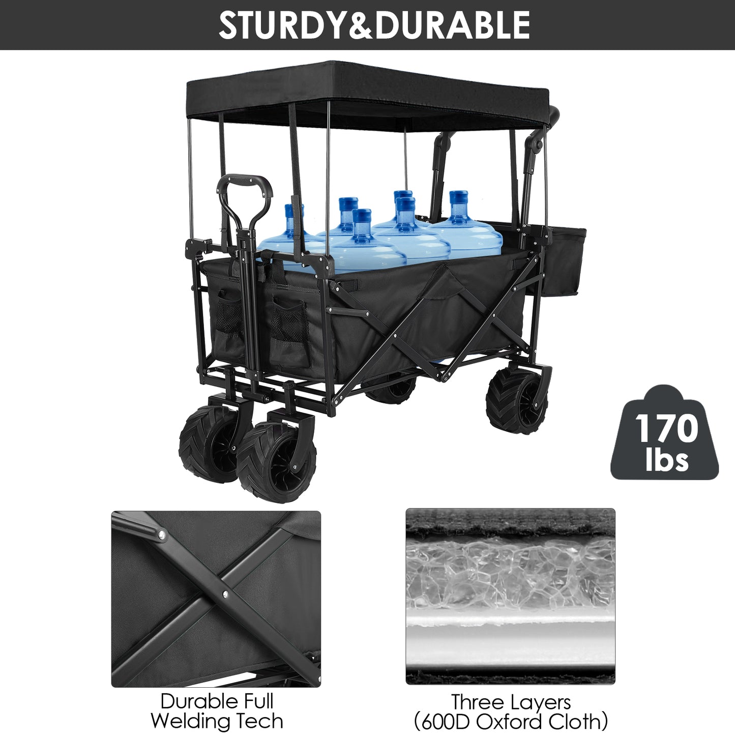 Arlopu Foldable Utility Wagon Cart Beach Utilit Cart with Removable Canopy