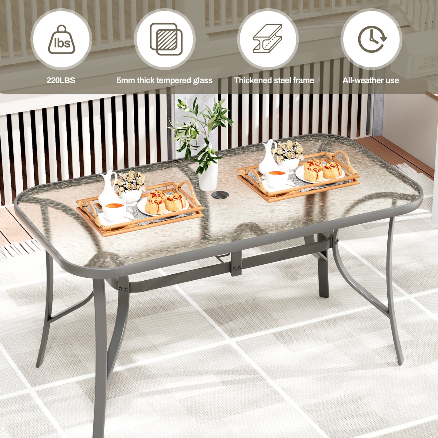 Arlopu Patio Rectangular Tempered Glass Dining Table, All-Weather Use, Outdoor Table for Garden & Backyard