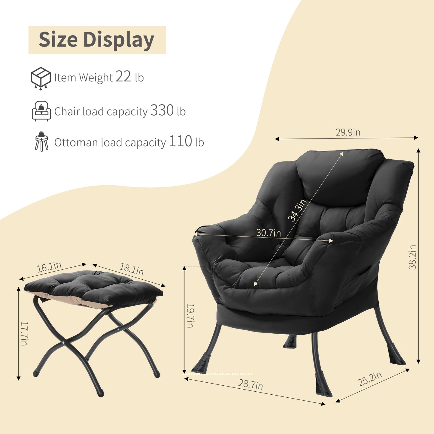 Arlopu Lazy Chair with Ottoman, Comfy Lounge Chair, Oversized Reading Armchair with Folding Footrest & Side Pocket for Living Room, Bedroom, Office