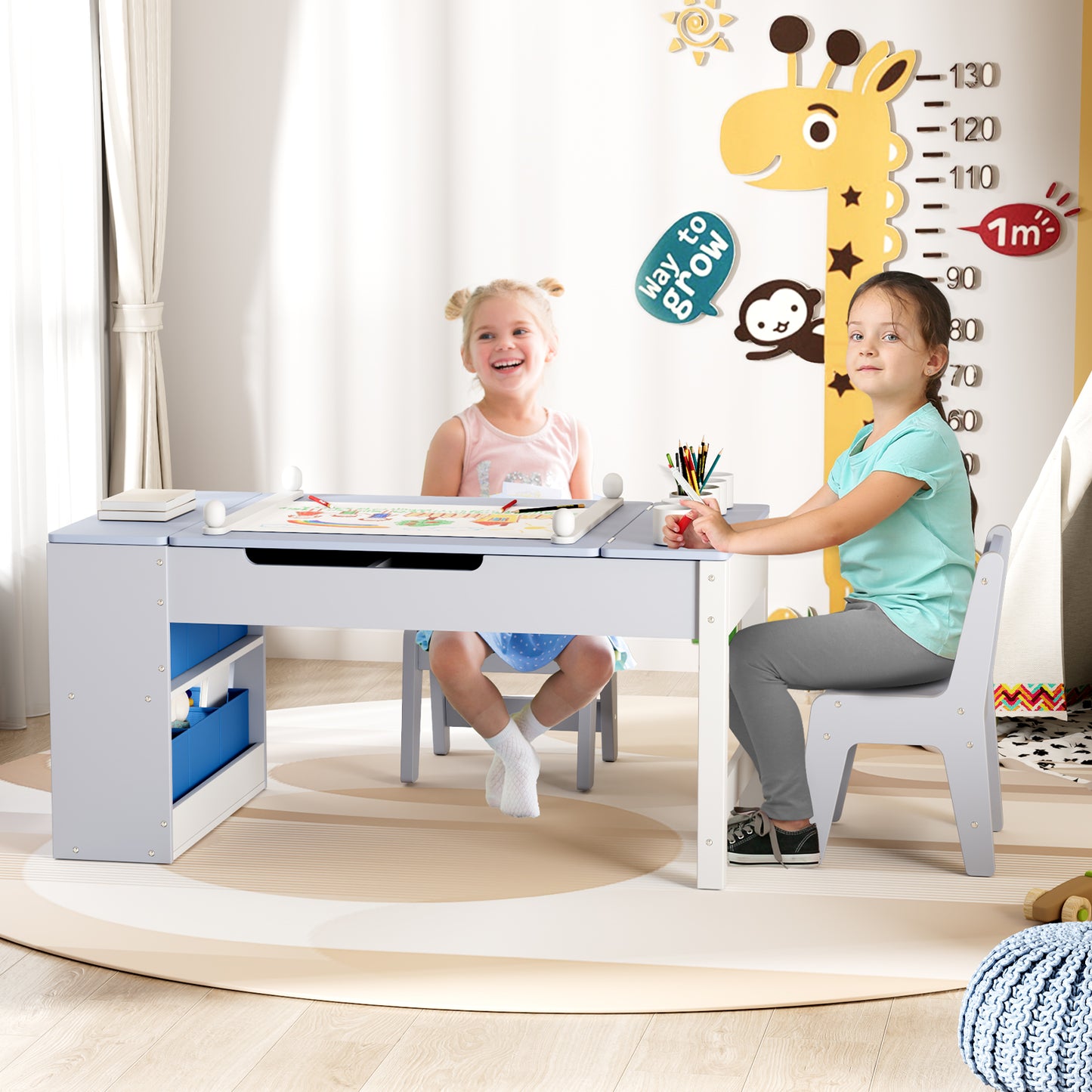 Arlopu 3 in 1 Activity Craft Table Set Kids Wooden Drawing Table Set with Art Easel Adjustable Tilt, 6 Storage Bins, 6 Paint Cup