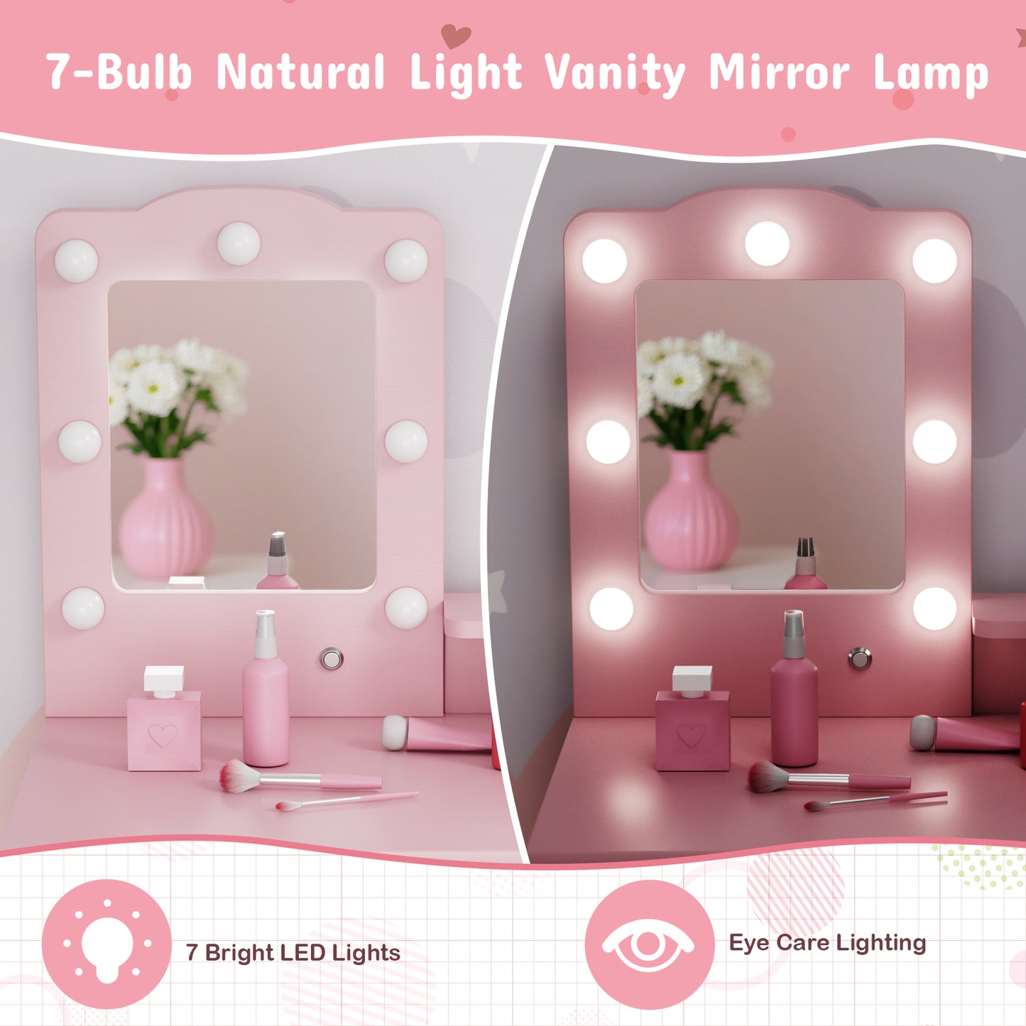Arlopu Kids Vanity Table and Chair Set, Wooden Makeup Playset with Mirror & Lights, Ideal Princess Gift for Girls