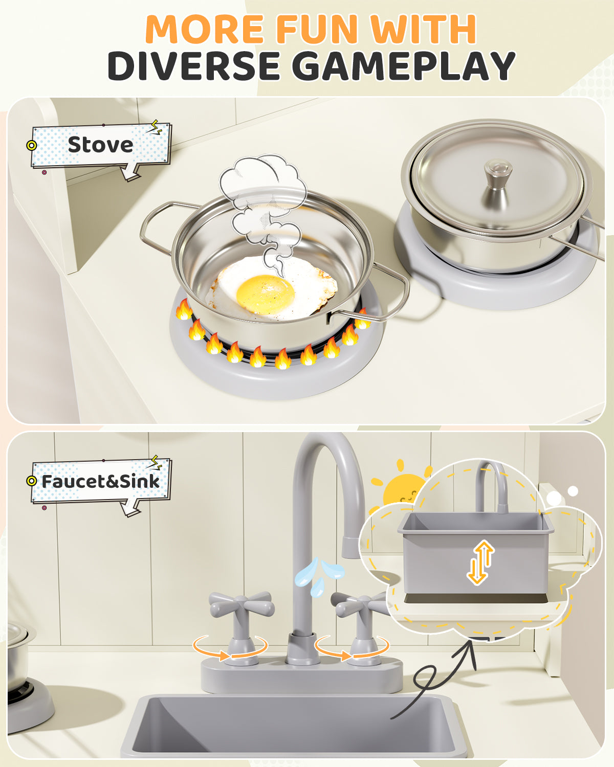 Arlopu Kids Pretend Play Kitchen Set, Wooden Kitchen Playset with Cookwares for Boys & Girls