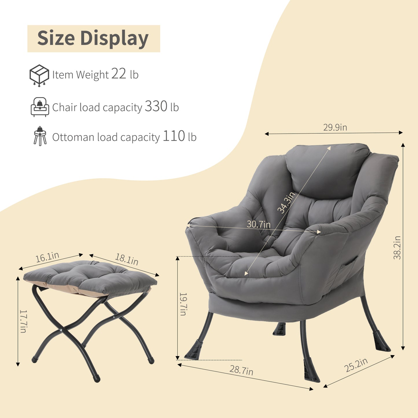Arlopu Lazy Chair with Ottoman, Comfy Lounge Chair, Oversized Reading Armchair with Folding Footrest & Side Pocket for Living Room, Bedroom, Office