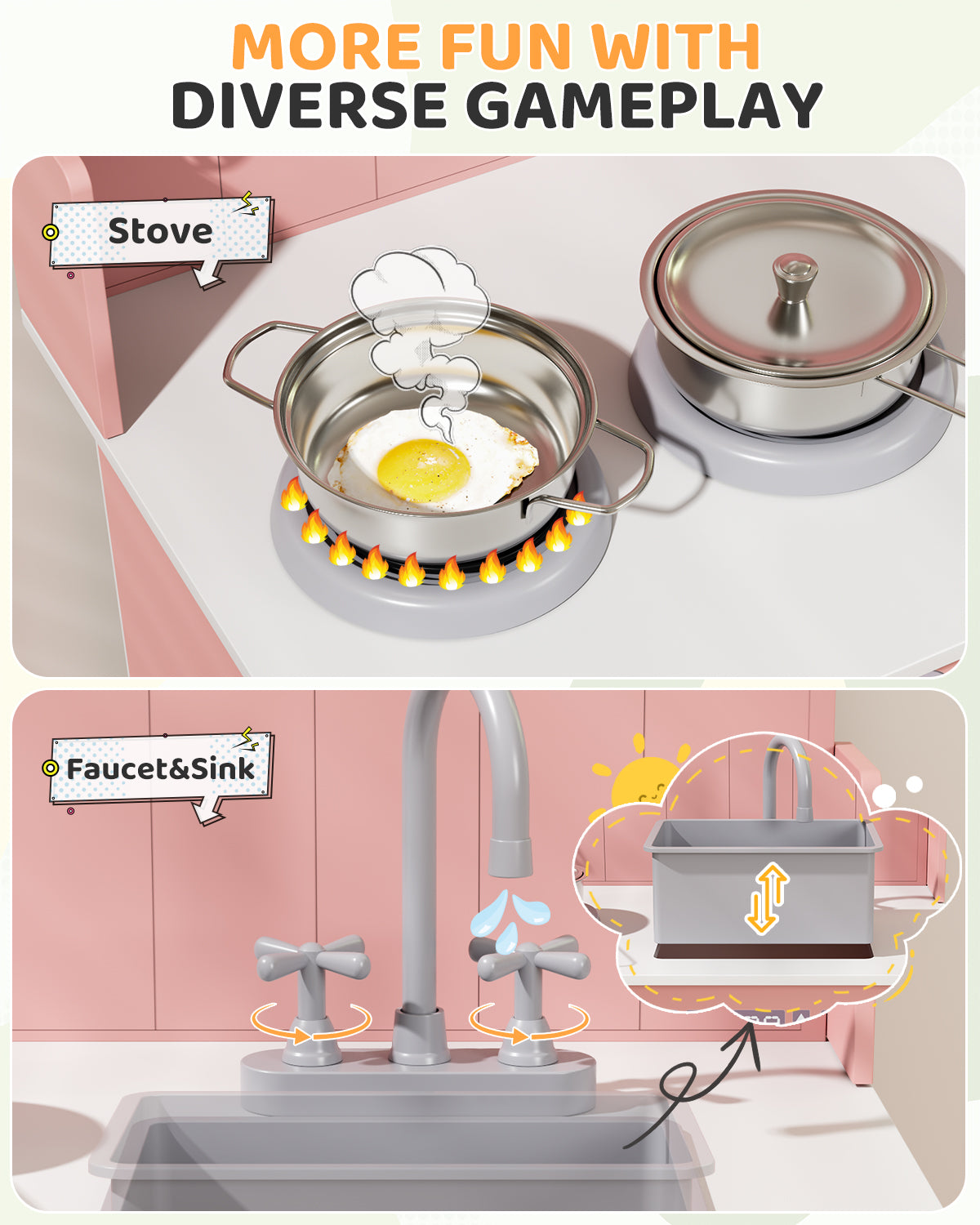 Arlopu Kids Pretend Play Kitchen Set, Wooden Kitchen Playset with Cookwares for Boys & Girls