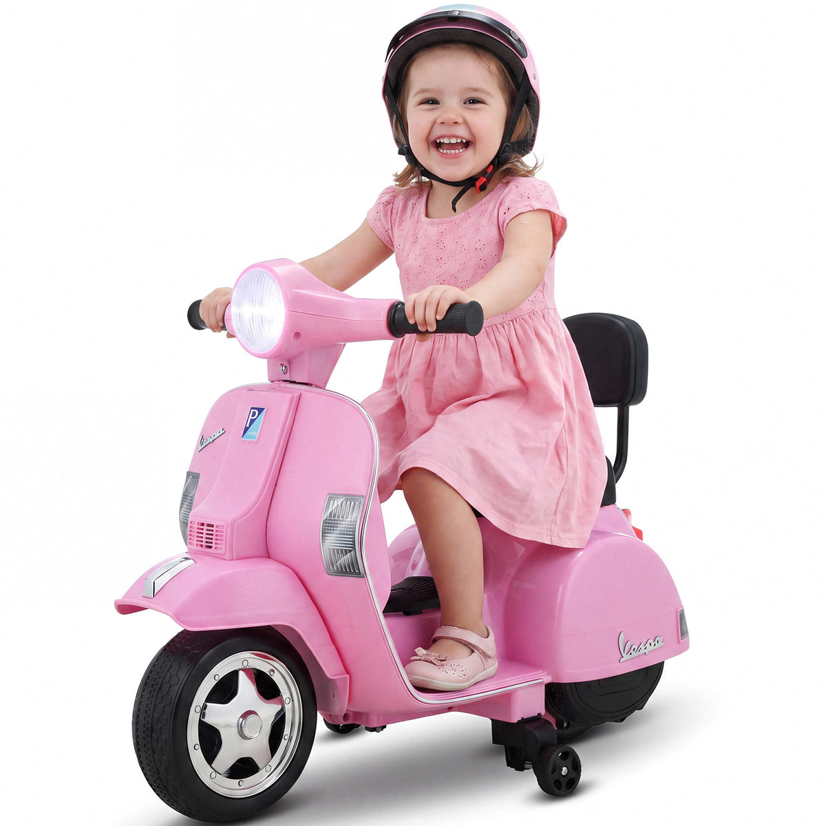 Arlopu 6V Licensed Vespa Kids Motorcycle, Battery Ride on Toy for Ages 3+, Pink