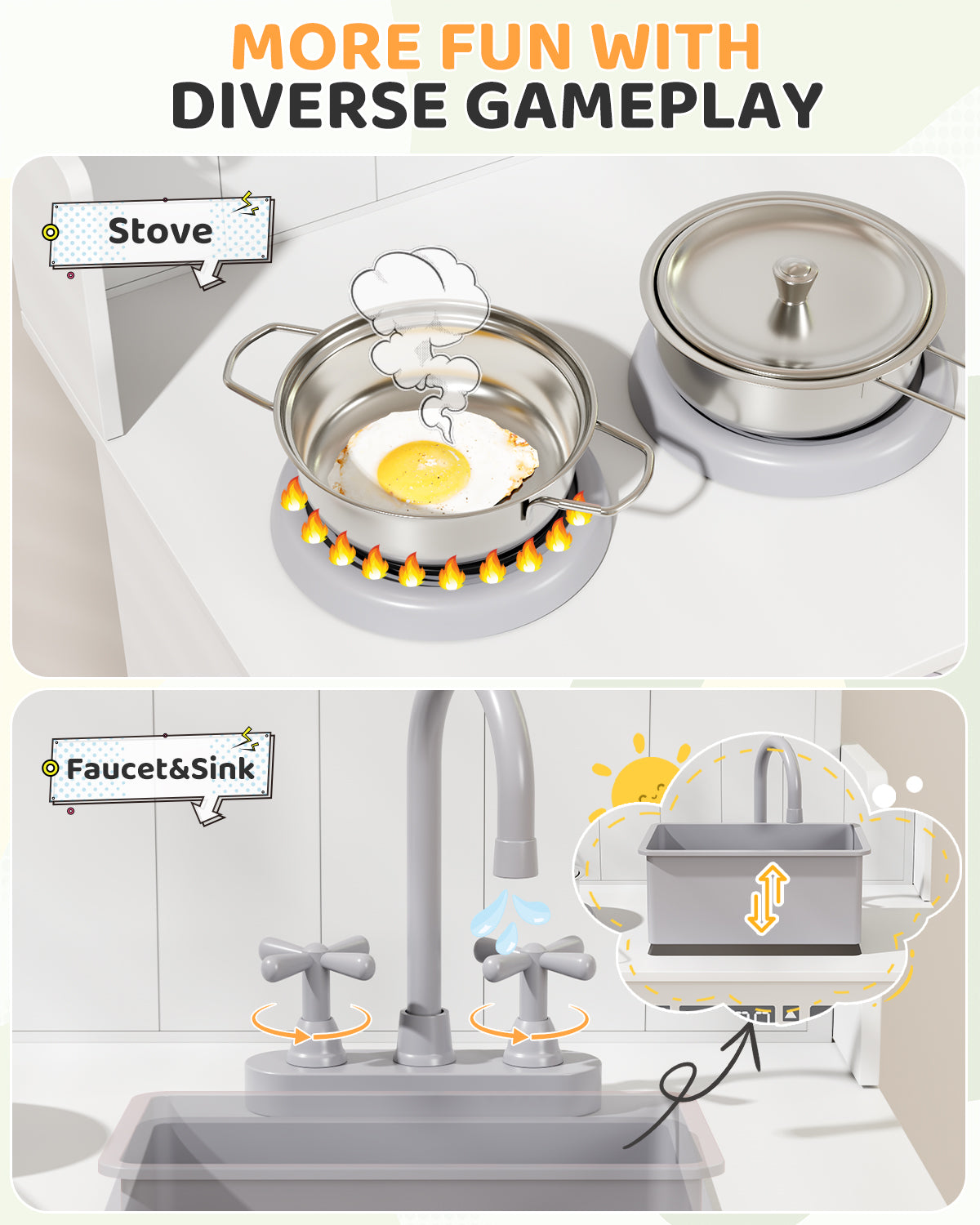 Arlopu Kids Pretend Play Kitchen Set, Wooden Kitchen Playset with Cookwares for Boys & Girls