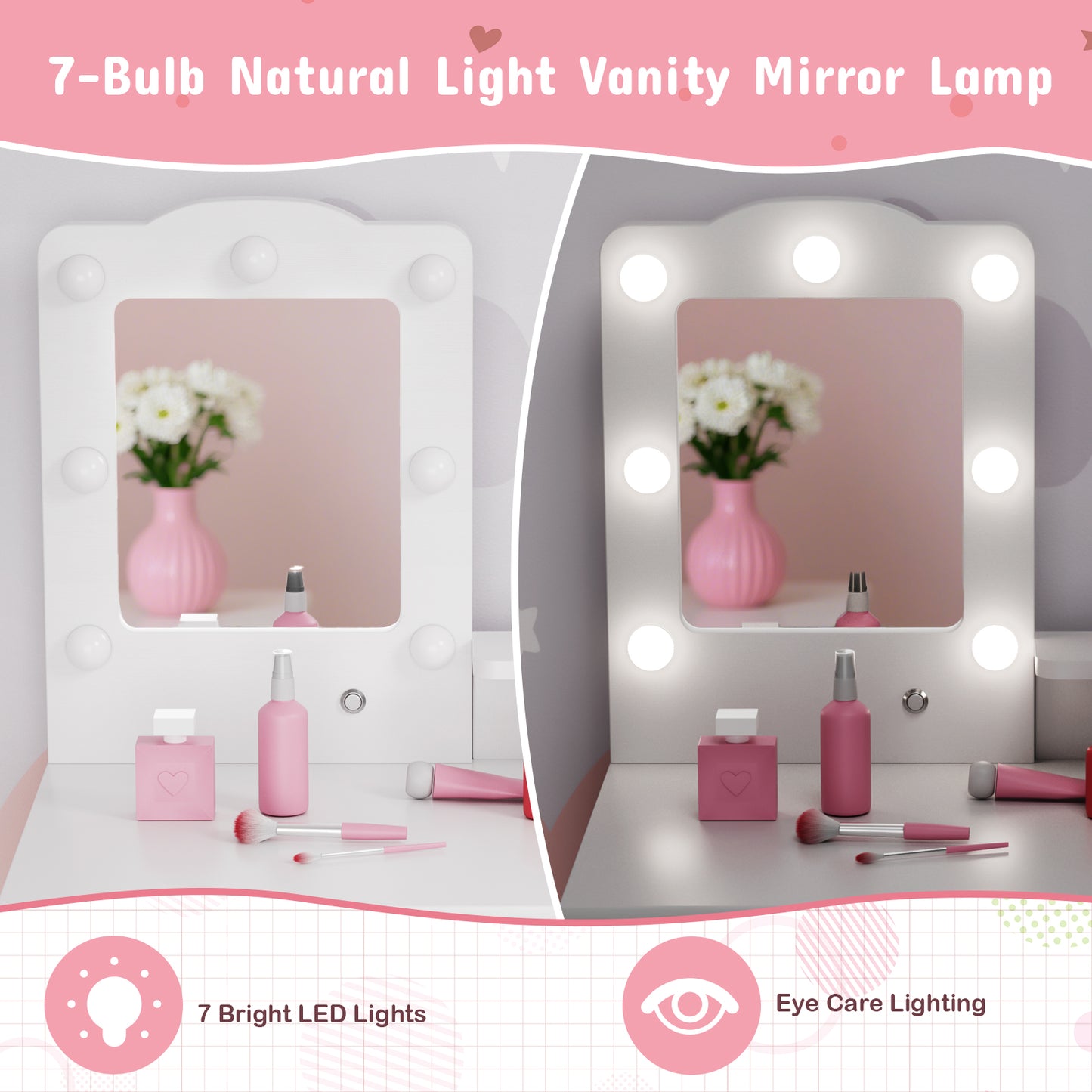 Arlopu Kids Vanity Table and Chair Set, Wooden Makeup Playset with Mirror & Lights, Ideal Princess Gift for Girls