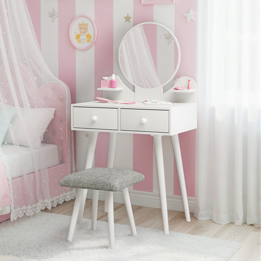 Arlopu Kids Vanity Table & Stool Set, 2-in-1 Princess Vanity Set with Mirror, Wooden Toddler Pretend Play Dressing Table with Detachable Top, Ideal Gift for Girls