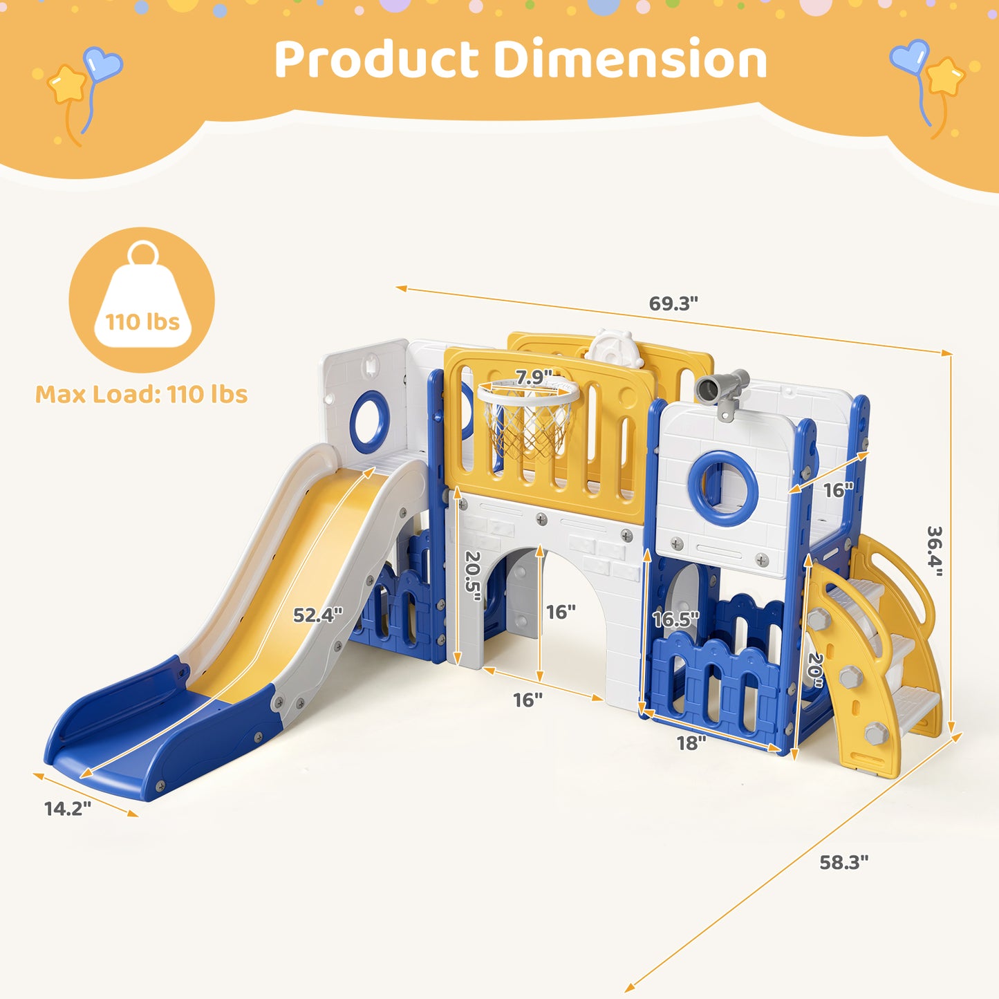 Arlopu 9-in-1 Kids Slide Set, Toddler Climber Slide Playset with Slide, Climber Pedals, Telescope, Basketball Hoop and Balls, Indoor Outdoor Freestanding Slides